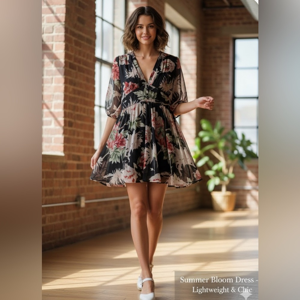 Floral V-Neck Dress with Sheer Sleeves